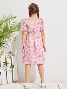SHEIN Girls Ruched Bust Tie Dye Dress - Pink - View 2
