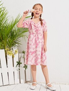 SHEIN Girls Ruched Bust Tie Dye Dress - Pink - View 4