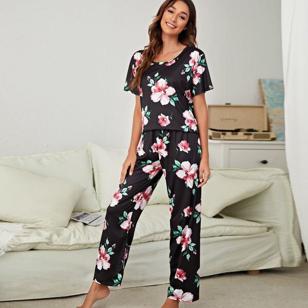 

Floral Print Scoop Neck PJ Set, Black