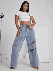 SHEIN EZwear Jeans desgarro de pierna ancha de talle alto