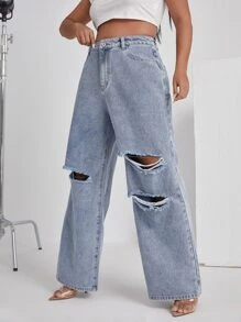 SHEIN EZwear Jeans desgarro de pierna ancha de talle alto