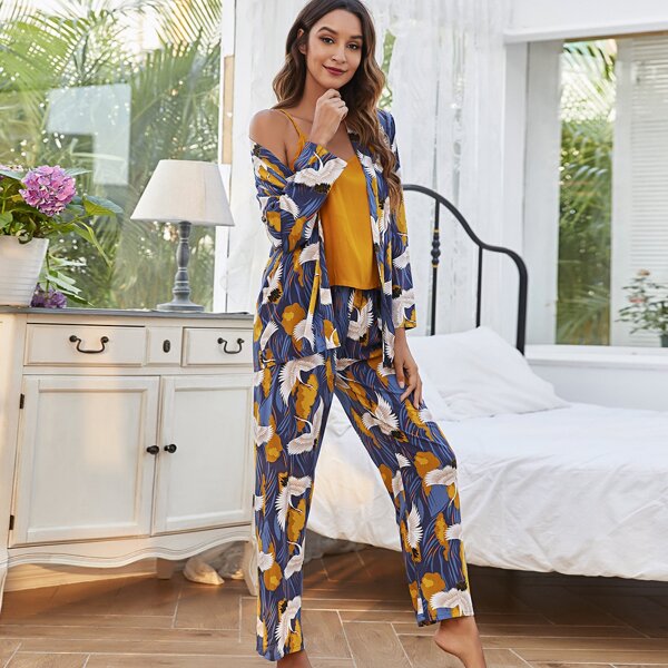 

3pc Belted Crane Print PJ Set, Multicolor