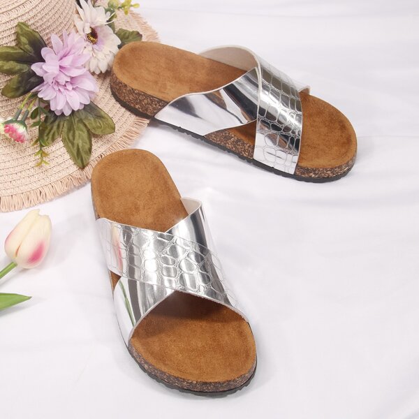 

Metallic Cross Strap Slide Sandals, Silver