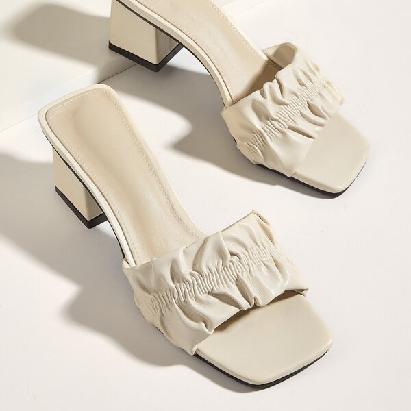 

Ruched Chunky Heeled Mules, Beige