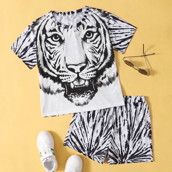 

Boys Tiger Print Tee & Shorts, Black and white