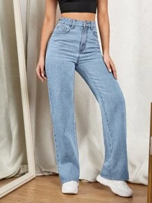 SHEIN EZwear Zipper Fly Straight Leg Jeans