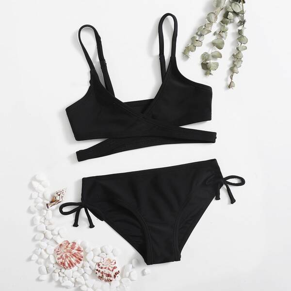 

Toddler Girls Wrap Tie Side Bikini Swimsuit, Black