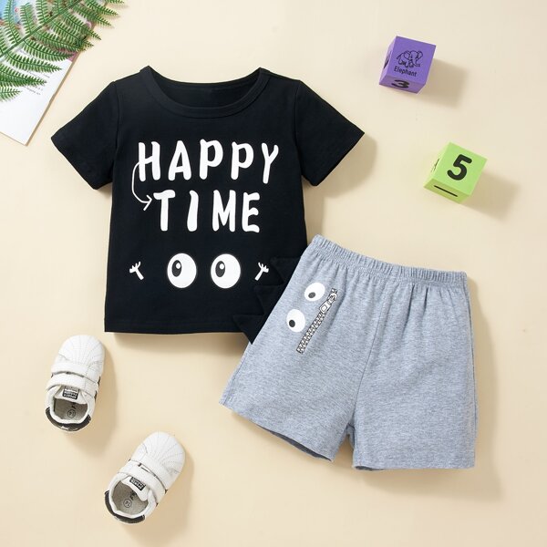 

Baby Boy Letter And Cartoon Graphic Tee With Track Shorts, Multicolor
