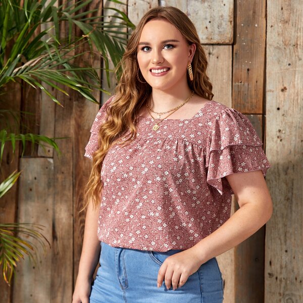 

Plus Layered Sleeve Ditsy Floral Blouse, Dusty pink
