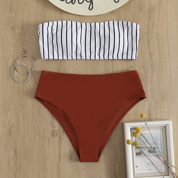 

Striped Bandeau Bikini Swimsuit, Multicolor