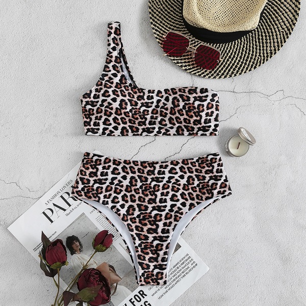 

Leopard One Shoulder Bikini Swimsuit, Multicolor