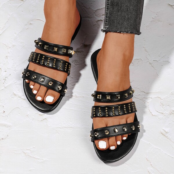 

Studded Decor Slide Sandals, Black