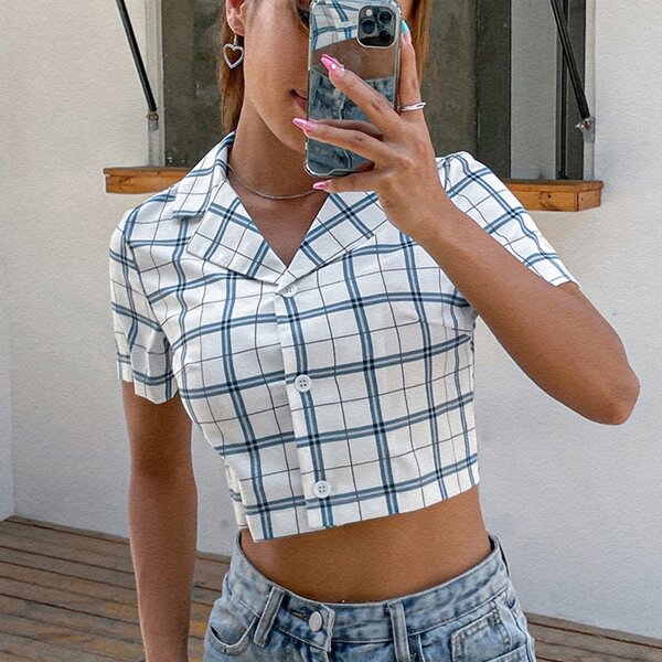 

Plaid Print Crop Blouse, Multicolor