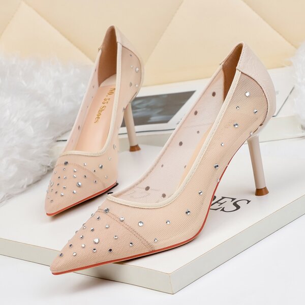 

Rhinestone Decor Mesh Stiletto Court Heels, Beige