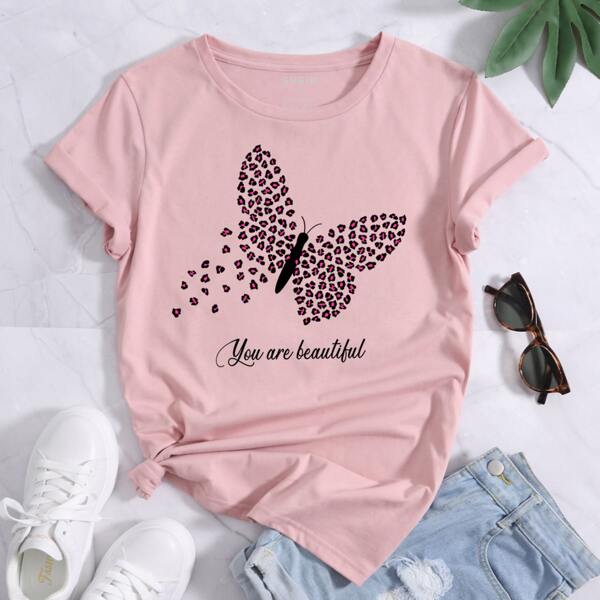 

Slogan And Butterfly Print Tee, Baby pink