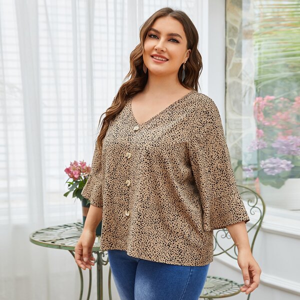 

Plus Dalmatian Print Flounce Sleeve Blouse, Coffee brown