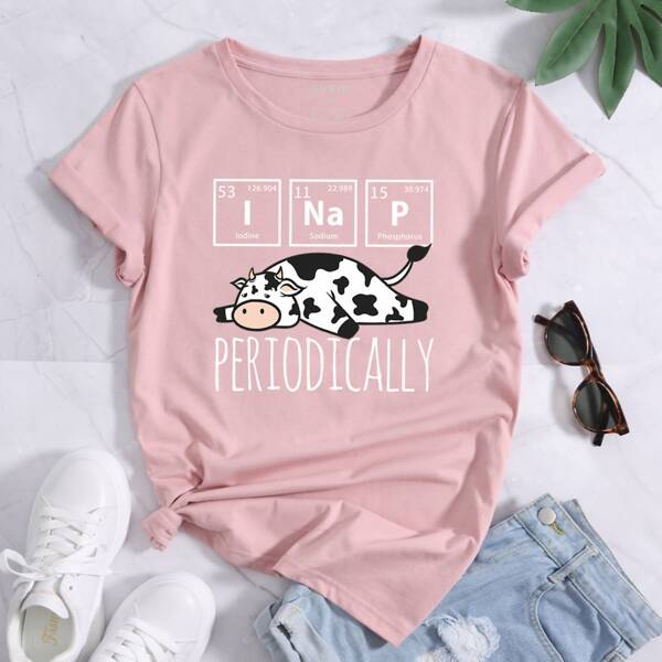 

Cartoon And Letter Graphic Tee, Baby pink