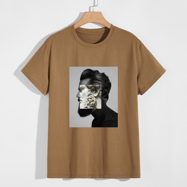 

Men Figure Round Neck Print Tee, Coffee brown