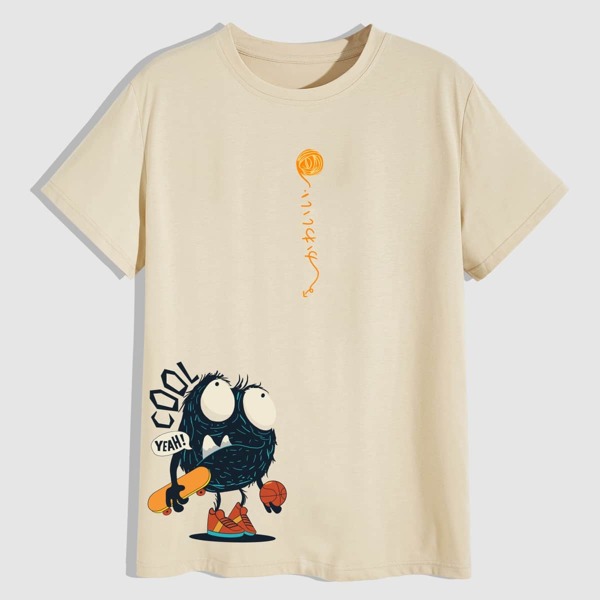 

Men Cartoon & Letter Print Tee, Khaki