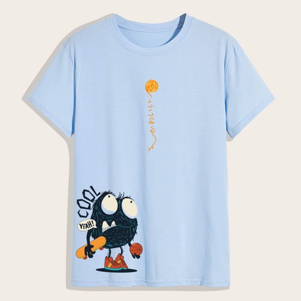 

Men Cartoon & Letter Print Tee, Baby blue