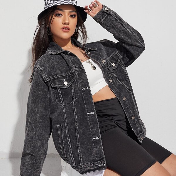 

Button Front Flap Pocket Denim Jacket, Dark grey