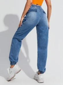Flap Pockets Washed Cargo Jeans - Medium Wash - View 1