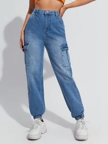 Flap Pockets Washed Cargo Jeans - Medium Wash - View 2