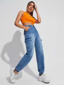 Flap Pockets Washed Cargo Jeans - Medium Wash - View 3