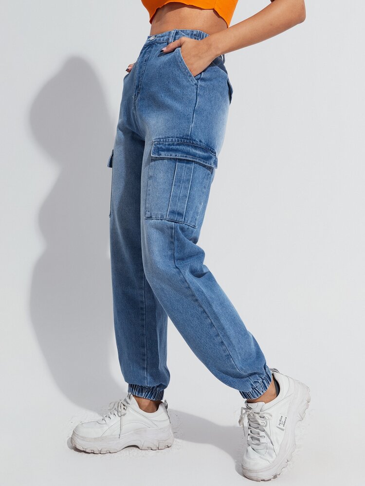 Flap Pockets Washed Cargo Jeans - Medium Wash - View 4