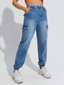 Flap Pockets Washed Cargo Jeans - Medium Wash - View 5