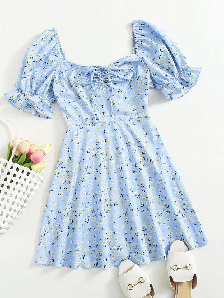 princess polly baby blue dress Chambray Buttoned Puff Sleeve Milkmaid Dress In BLUE main image 1