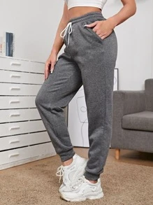 Muchica Solid Drawstring Waist Slant Pocket Joggers - Grey - View 3