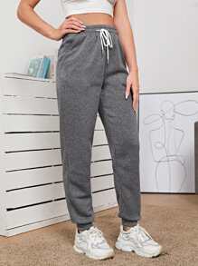 Muchica Solid Drawstring Waist Slant Pocket Joggers - Grey - View 4