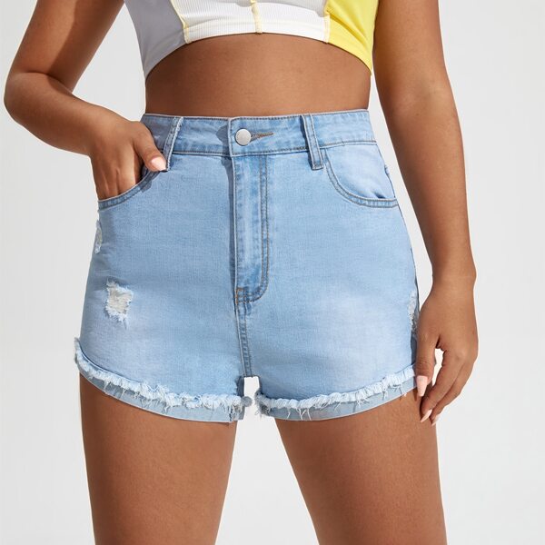 

Plus High Waist Ripped Denim Shorts, Light wash