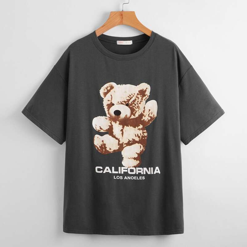 

Letter Cartoon Bear Graphic Tee, Dark grey