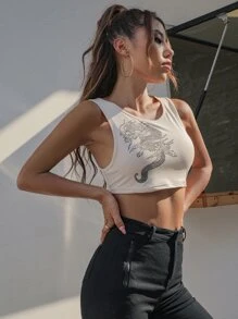 Scoop Neck Chinese Dragon Graphic Tank Top - White - View 1