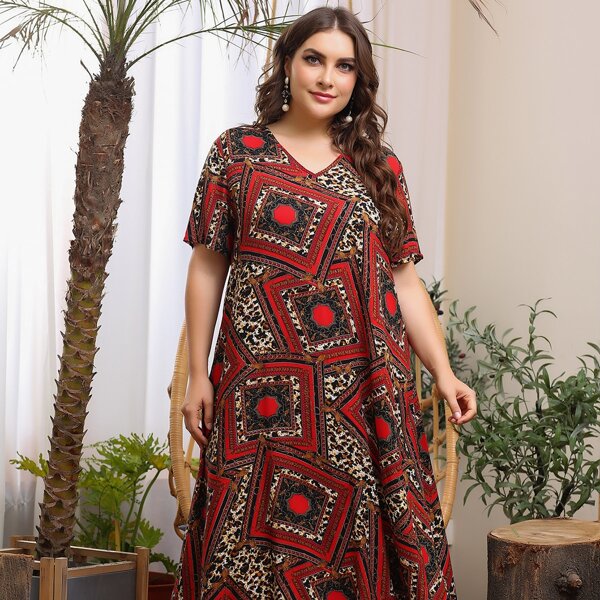

Plus Scarf Print V Neck Tunic Dress, Multicolor