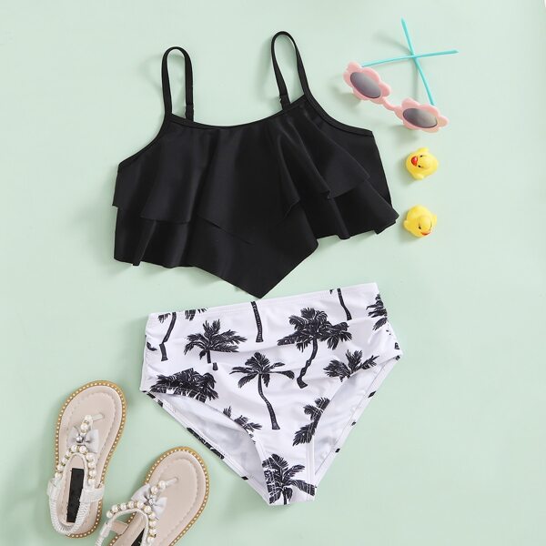 

Toddler Girls Palm Tree Print Hanky Hem Bikini Swimsuit, Black and white
