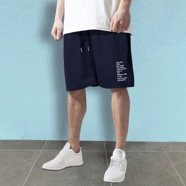 

Men Drawstring Waist Slogan Graphic Track Shorts, Navy blue