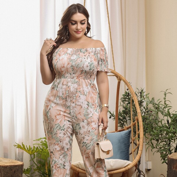 

Plus Allover Floral Shirred Jumpsuit, Multicolor