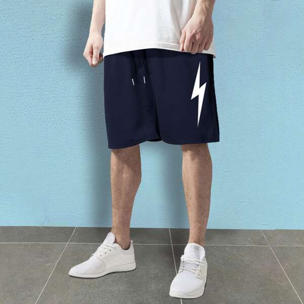 

Men Lightning Print Drawstring Waist Track Shorts, Navy blue
