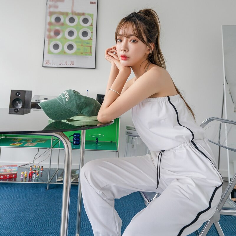 

Drawstring Waist Taped Side Tube Jumpsuit, White
