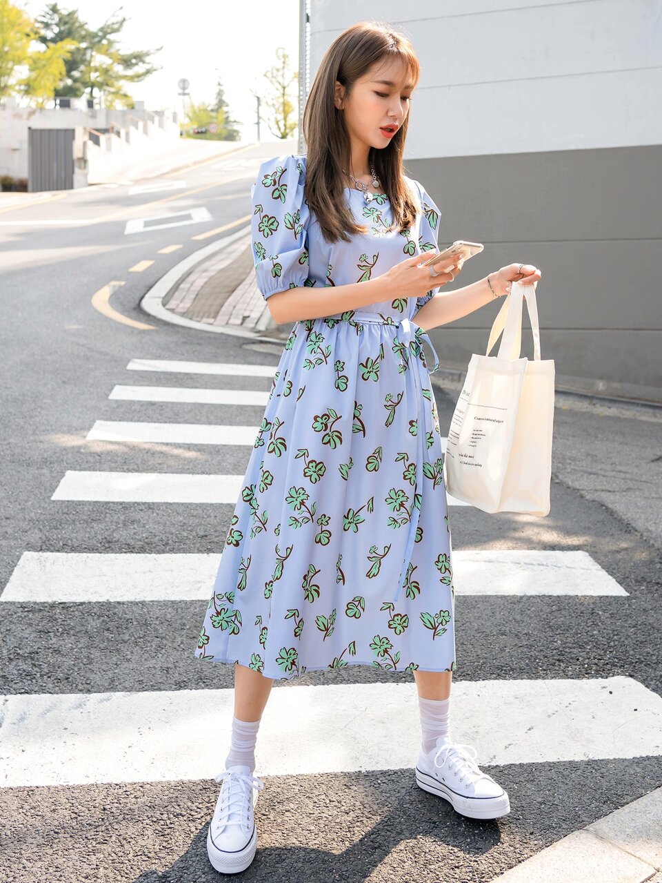 Floral Print Puff Sleeve Belted Dress