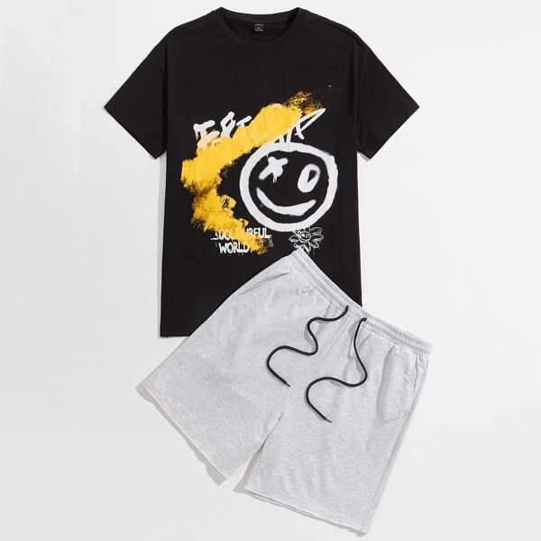 

Men Letter & Cartoon Graphic Tee And Shorts Set, Multicolor