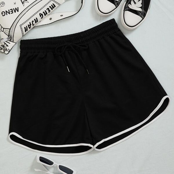 

Drawstring Waist Contrast Binding Dolphin Hem Shorts, Black