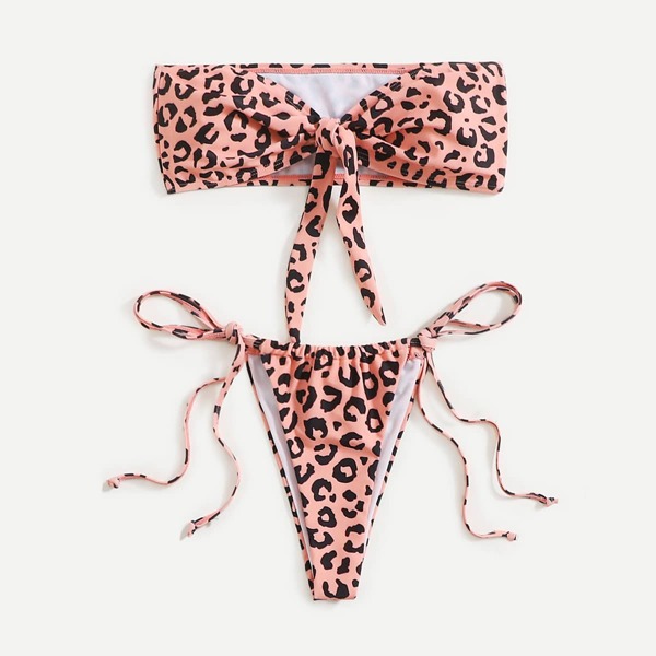 

Leopard Knot Front Bandeau Bikini Swimsuit, Multicolor