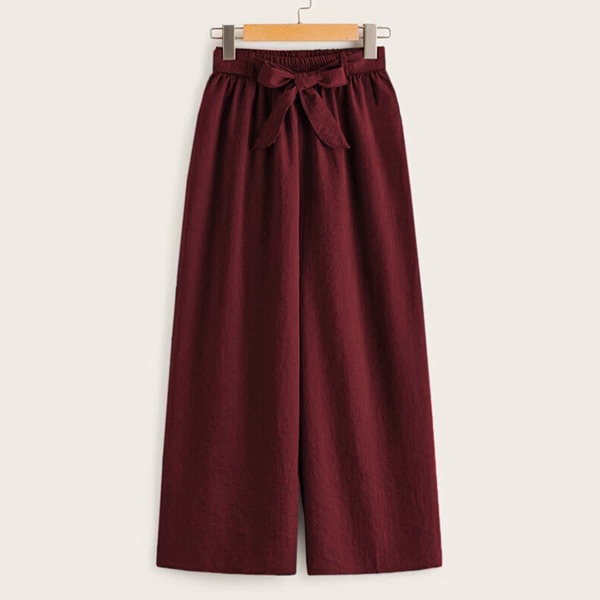 

Wide Leg Waist Tie Pants, Burgundy