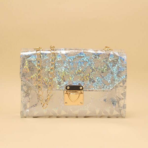 

Glitter Push Lock Flap Chain Bag, Clear