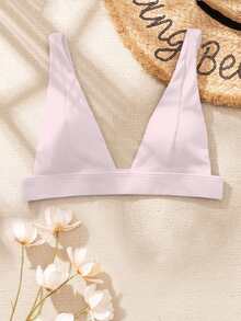 Ribbed V Neck Bikini Top, For Summer Beach Vacation - Pink - View 3