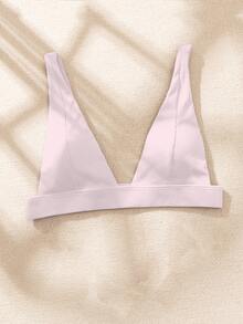 Ribbed V Neck Bikini Top, For Summer Beach Vacation - Pink - View 4